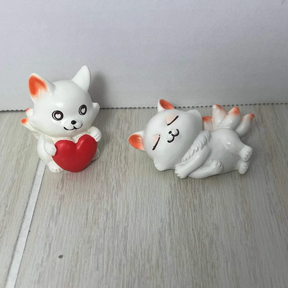 Kawaii Anime Fox Figures 9-Tailed Fox Mini Figurines Lot of 2 Orange White Heart